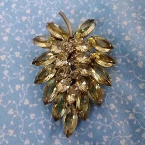 Vintage Green Rhinestone Leaf Brooch